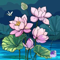 three pink lotuses in the water with a dragon flying above them and a blue background