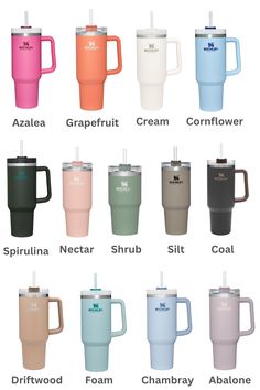 the different types of travel mugs are shown in this image, with their names on them