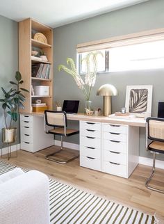 a room with a desk, chair and bookshelf