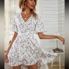 White And Multi-Color Floral Dress With Surplice Front Light Weight And Comfortable. Zip Back Never Worn, Brand New Vestidos Color Rosa, Soft Waves, Flounce Sleeve, Butterfly Sleeves, Lace Ruffle, Ditsy Floral, Dress Romper, Floral Mini Dress, Dress Pink