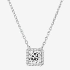 White Gold Formal Cubic Zirconia Necklace With Square Pendant, Elegant Cubic Zirconia Solitaire Necklace With Square Pendant, Wedding Solitaire Necklace With Square Pendant, Classic Princess Cut Cubic Zirconia Necklace, White Gold Cubic Zirconia Rectangular Pendant Necklace, White Gold Cubic Zirconia Necklace With Rectangular Pendant, Classic Cubic Zirconia Princess Cut Necklace, Solitaire Necklace With Diamond Accents And Square Pendant, Elegant Square White Gold Jewelry