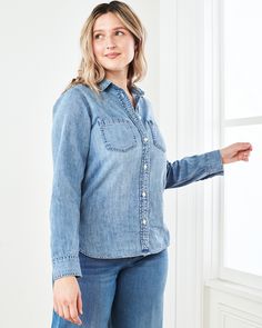 Roll up, roll up. Our denim shirt will have you looking relaxed but ready for anything. As comfy as it is stylish, this classic is made of soft, 100% cotton denim with roll-up sleeves, two front pockets, and darted back for more shape. The tulip sides give a bit of feminine curve and the distressed wash provides extra texture.  | Quince | Women's Distressed Denim Shirt in Blue, Size Medium, Cotton Womens Denim Shirt, Roll Up Sleeves, Quince, Crew Neck Tee, Roll Up, V Neck Tee, Denim Shirt, Straight Leg Pants, Distressed Denim