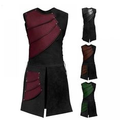 several different types of leather clothing with multiple colors and sizes, including black, red, green