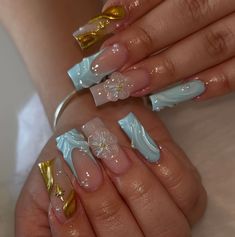 Golden Nails, Blue Acrylic Nails, Girly Acrylic Nails, Simple Acrylic Nails, Classy Acrylic Nails, Pretty Gel Nails, Acrylic Nails Coffin Pink, Unique Acrylic Nails, Bling Acrylic Nails