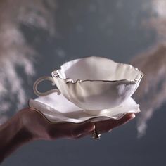 a hand holding a white cup and saucer