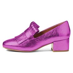 TAAFO Fuchsia Square Toe Chunky Heels Fringe Loafers US 3 / EU 33-Fuchsia Chunky Heels, Loafers, Square, Heels