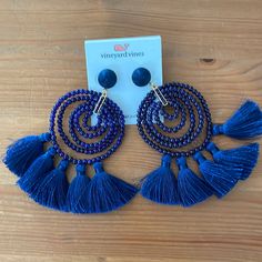 Vineyard Vines Navy Blue Earrings With Beaded Hoops, Tassels, And Gold Detail. Brand New, Never Worn With Tags And Velvet Vv Jewelry Bag. Blue Tassel Earrings With Round Beads, Elegant Blue Tassel Earrings With Beaded Fringe, Blue Tassel Earrings With Dangling Beads For Beach, Summer Blue Beaded Earrings With Tassels, Blue Tassel Earrings For Beach, Blue Fringe Tassel Earrings For Party, Adjustable Blue Tassel Earrings For Parties, Blue Fringe Beaded Earrings, Blue Tassel Beach Earrings