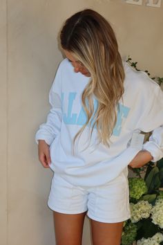 Baby Blue Varsity Sweatshirt – LLACIE White Letter Print Sweats For Loungewear, White Athleisure Sweats For College, White Athleisure Sweats For Spring, Oversized White Sweats For Leisure, Style Sweatshirts, Varsity Sweatshirt, Varsity Style, Color Style, Biker Shorts