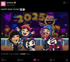 an image of cartoon characters celebrating new year's eve with fireworks in the background