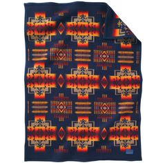 a blue blanket with an orange and red design on the front, along with a black background