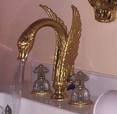 two golden faucets are next to a sink with water running from it's faucet