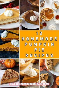 pumpkin pie recipe collage with the words 13 homemade pumpkin pie recipes on top and bottom