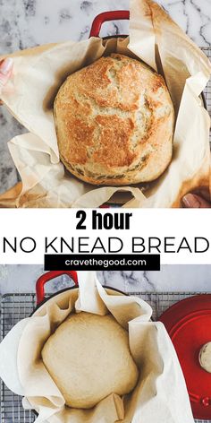 two pictures with bread in them and the words 2 hour no knead bread on it