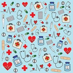 a blue background with medical icons and symbols in the shape of a heart on it