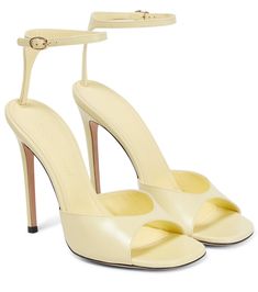 Victoria Beckham Shoes, Yellow Heels, Satin Heels, Yellow Shoes, Goat Leather, Pale Yellow, Ankle Straps, Shoe Game, High Heel Sandals