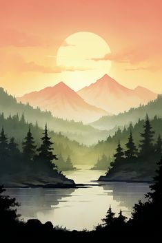 the sun is setting over a mountain lake