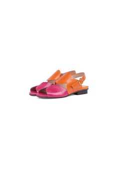 Step into style with our uniquely designed handmade leather women's flat sandals.  Crafted with a stunning combination of pink and orange leather, these sandals are a vibrant addition to any wardrobe.  Featuring comfortable flat peep toes that flatter every foot shape, including wide feet, and a sturdy 2 cm wide heel, these sandals provide both style and stability.  The adjustable buckle allows for easy on and off, ensuring a perfect fit every time.  Pair them with a light skirt or your favorite Multicolor Open Toe Sandals With Leather Footbed, Multicolor Sandals With Leather Sole For Summer, Summer Multicolor Sandals With Leather Sole, Multicolor Sandals With Leather Sole For Spring, Multicolor Leather Sole Sandals For Spring, Orange Open Toe Slingback Sandals For Summer, Pink Leather Open Toe Slingback Sandals, Pink Leather Sole Sandals For Summer, Orange Single Toe Strap Sandals For Spring