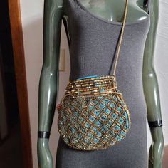 Nwot. Turquoise. Gold. Tan. Beads. Embroided. Vintage Green Shoulder Bag For Party, Green Vintage Shoulder Bag For Party, Bohemian Embellished Potli Bag For Party, Bohemian Beaded Potli Bag, Blue Beaded Shoulder Bag As Fashion Accessory, Bohemian Embellished Potli Bag For Evening, Blue Bohemian Beaded Bag, Green Beaded Evening Shoulder Bag, Evening Green Beaded Shoulder Bag