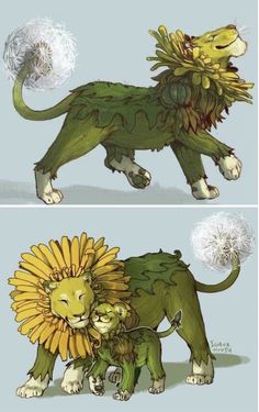 two pictures of lions with dandelions on their backs and one in the foreground