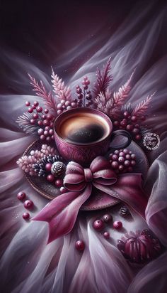 a painting of a cup of coffee on a saucer with pink bows and berries