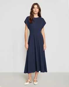 Prima Jersey Midi Dress Casual A-line Rayon Maxi Dress, Casual Maxi Length Dress, Spring Stretch Midi Dress With Pleated Waist, Spring Midi Dress With Pleated Waist And Stretch, Casual Elastane Maxi Dress For Summer, Flattering Summer Elastane Dresses, Casual Summer Midi Dress In Elastane, Stretch Cotton Midi Dress For Daywear, Short Sleeve Maxi Dress With Flattering Silhouette For Spring