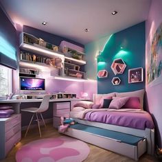 a bedroom with purple and blue decor in it