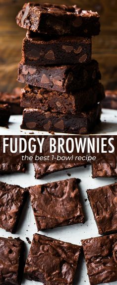 fudgey brownies are stacked on top of each other with the title overlay