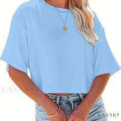 Lasaky - Premium Womens Solid Loose Crew Neck T-Shirt: Casual Short Sleeve Top for Spring and Summer, Stylish Womens Fashion Basic Crop Tops, Round Neck Crop Top, Amazon Clothing, Colorful Crop Tops, Stylish Women Fashion, Short Sleeve Shirt Women, Crop Top Casual, Shop Till You Drop, Cute Preppy Outfits