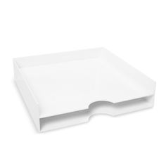 a white plastic tray with an angled edge on a white background, showing the corner section