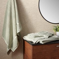 a bathroom with a mirror, towel and potted plant on the counter next to it