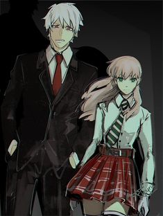 two anime characters are standing next to each other, one is wearing a skirt and the other has a tie