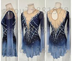 three pictures of the back of a blue and white dress with sequins on it