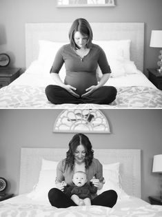 a woman sitting on top of a bed holding a baby