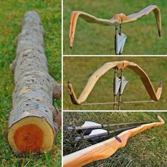 four pictures of different types of bows and arrows in the grass, including a tree log with an arrow stuck to it