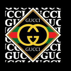 the gucci logo is shown in black and white with red, green, and yellow stripes