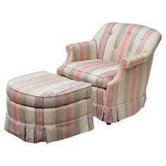 an upholstered chair and ottoman are shown with the footstool in striped fabric