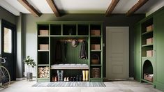 a room with green walls and shelves filled with items