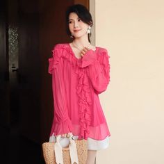 image_0 Pink V-neck Chiffon Top, Pink V-neck Blouse With Ruffles, Pink Chiffon Top For Party, Pink Chiffon Party Top, Chic Long Sleeve Pink Blouse, Chic Pink Long Sleeve Blouse, Pink Long Sleeve Chiffon Top, Chic Pink Chiffon Blouse, Pink Ruffled V-neck Blouse