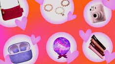 various items are arranged on a pink and orange background, including an egg, sunglasses, camera, lipstick, bracelets