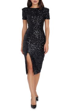 Dress the Population Natasha Sequin Sheath Midi Dress | Nordstrom Sequin Lace Dress Short, Sequin Dress For Wedding Guest, Cocktail Dress Large Bust, Black Wedding Guest Dress Summer, Black Gala Dress, Black Sequined Dress, Black Wedding Guest Dresses, Bday Dress, Petite Cocktail Dresses