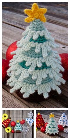 crocheted christmas tree ornaments are displayed on wooden boards