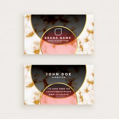 two marble business cards with gold and pink accents on them, both in black and white