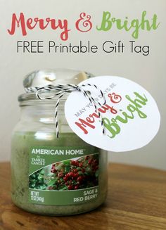 a mason jar filled with merry and bright free printable gift tag