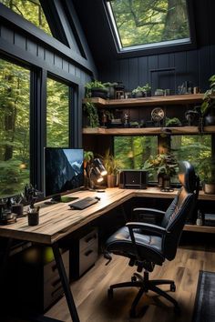 a home office with lots of windows and plants