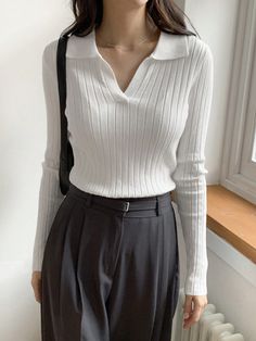 Women's Business Casual Turn-Down Collar Fitted Long Sleeve Sweater White Casual  Long Sleeve Knitwear Plain Basic Tops High Stretch  Women Clothing, size features are:Bust: ,Length: ,Sleeve Length: Lace Trim Sweater, White Knit Top, Fitted Long Sleeve, Womens Business Casual, Elegante Casual, Sweater White, Collar Sweater, Basic Tops, White Casual