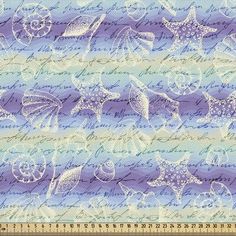 a blue and white striped background with shells on the beach, starsfishs and waves