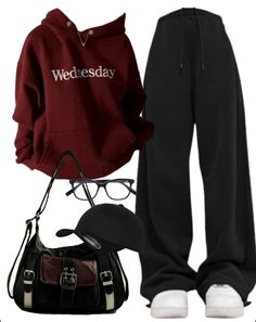 OOTD: Vintage Solid Color Hoodie + Baggy Sweatpants + Crossbody Bag Baggy Clothes For Winter, Outfit Ideas Winter Baggy, Stylish Dark Outfits, Cute Outfits Sporty Casual, Hoodies Outfits Aesthetic, Hoodie Cute Outfit, Cute Jackets For School, Streetwear Fashion Comfy, Cute Baggy Outfits For School