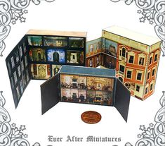 an open book with miniature houses inside it on top of a white background and the words ever after miniatures written below