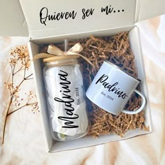 two coffee mugs in a gift box with the words queen sev me written on them