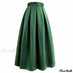 Olivia Mark - Emerald Green Glossy A-line Midi Skirt with Flared Hemline Fall Party A-line Skirt, Elegant Green A-line Maxi Skirt, Chic Green A-line Maxi Skirt, Green Pleated A-line Skirt, Solid A-line Pleated Party Skirt, Solid Color A-line Pleated Skirt For Party, A-line Pleated Party Skirt, Party A-line Pleated Skirt, Green A-line Pleated Lined Skirt